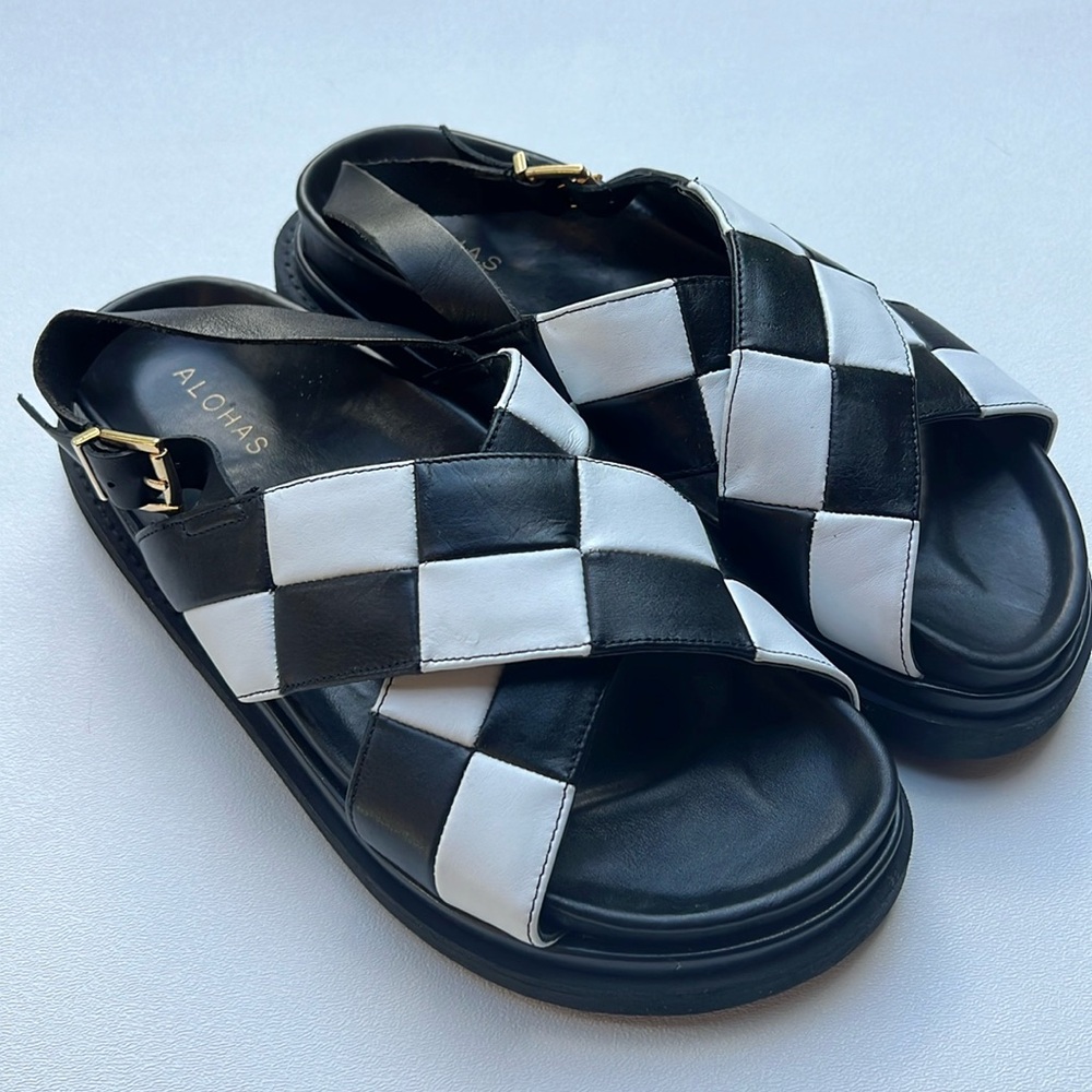 Alohas sandals strappy black criss cross marshmallow chunky leather weaving fun - Picture 3 of 8